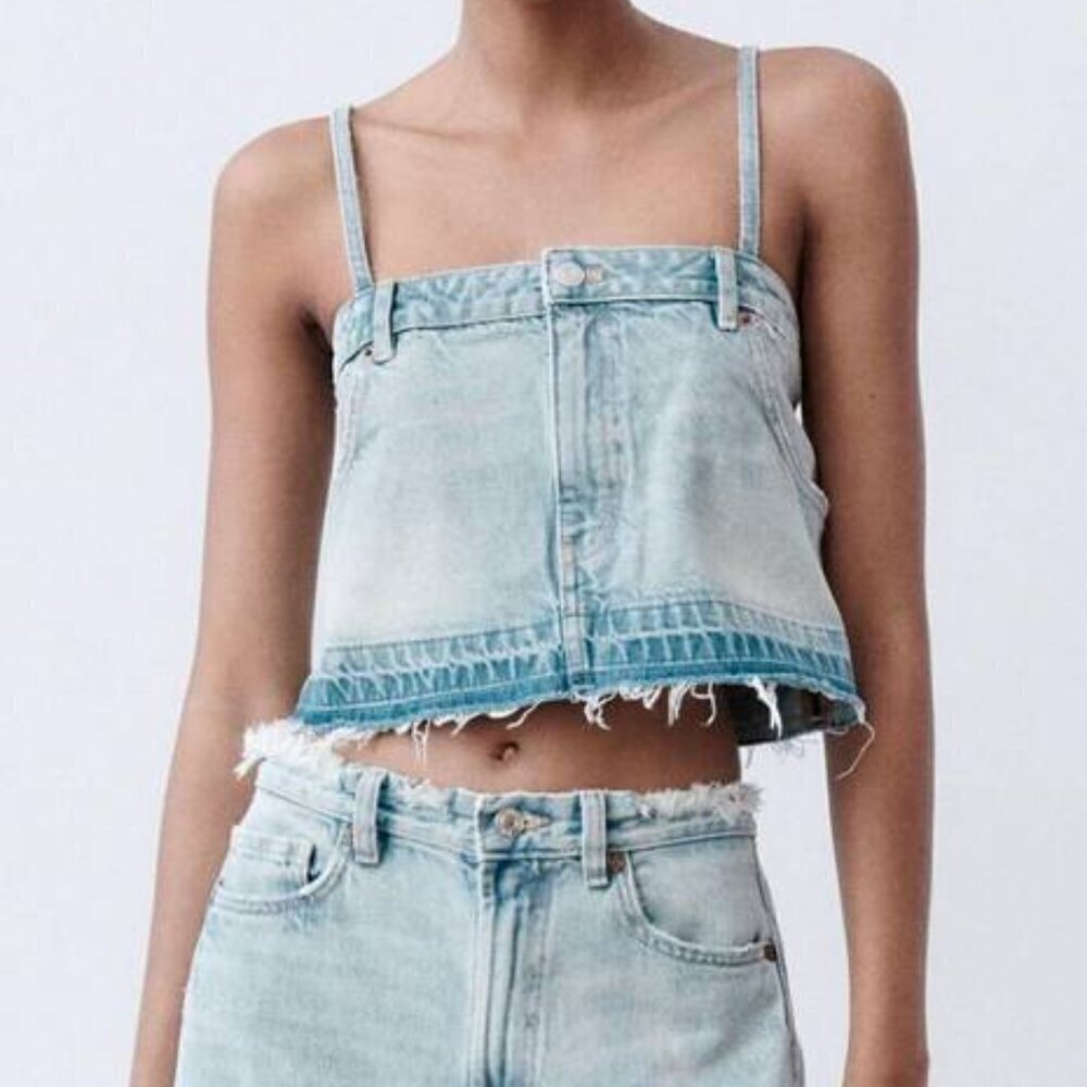 NWT Zara Denim Cutoff Spaghetti Strap Crop Top
